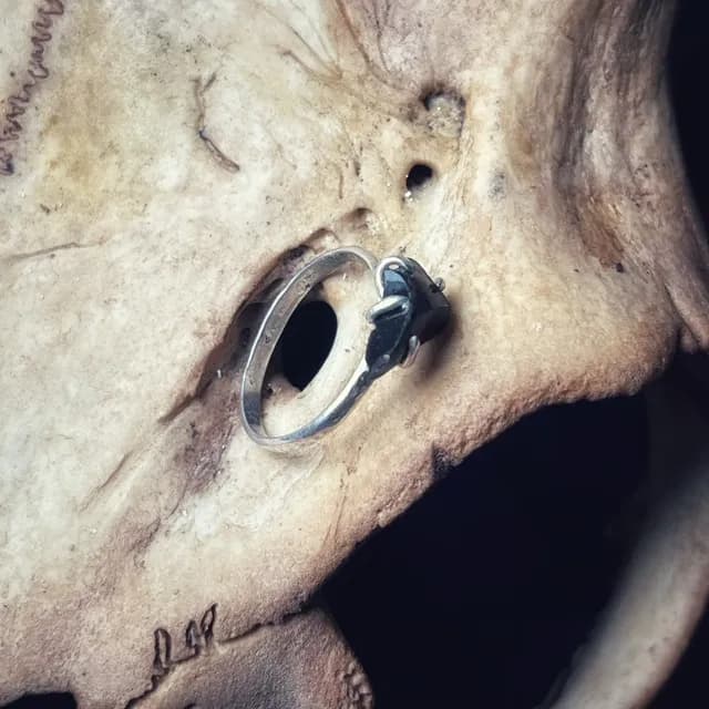 Bague en argent avec obsidienne brute noire insérée dans un crâne patiné.
